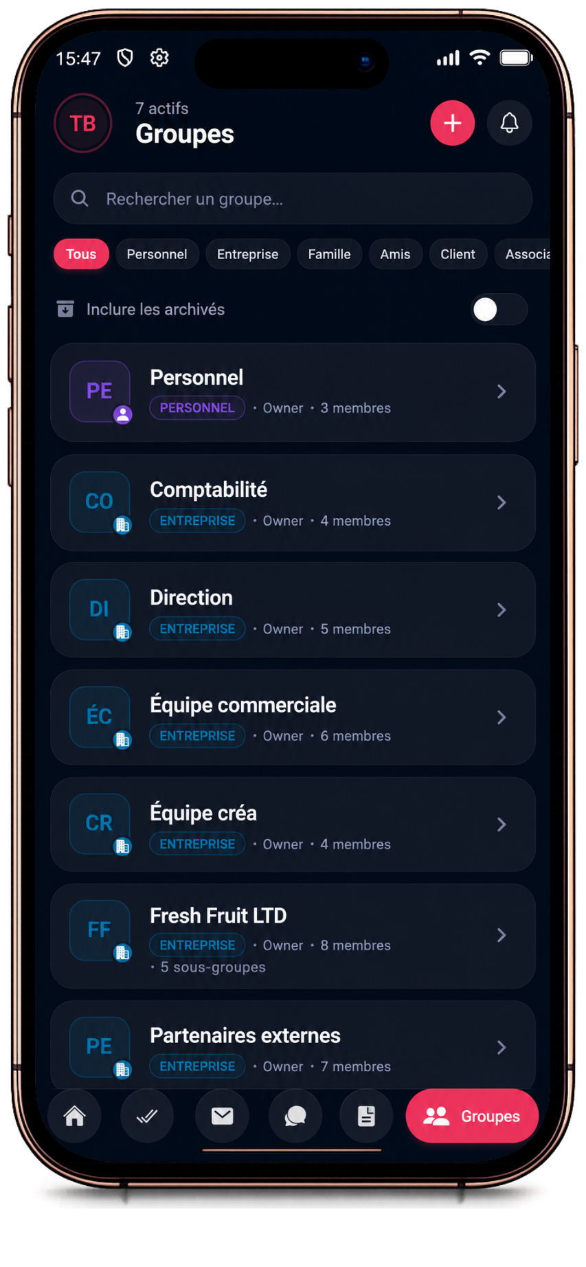 Vue Mes groupes · gestion d'équipe et permissions