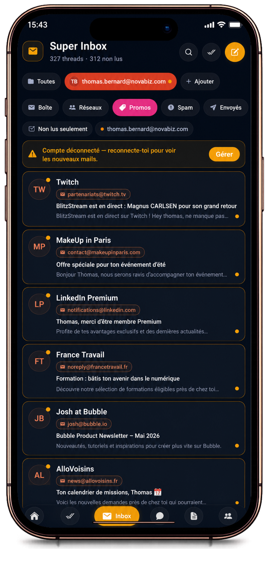 Interface SuperInbox avec connexion Gmail et Outlook
